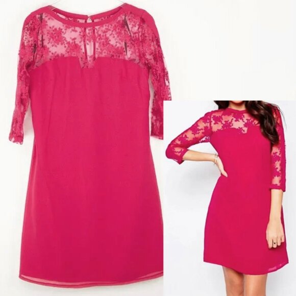 ASOS Dresses & Skirts - ASOS Little Mistress Dress Lace Quarter Sleeve Shift Mini Bright Pink Size 8 New